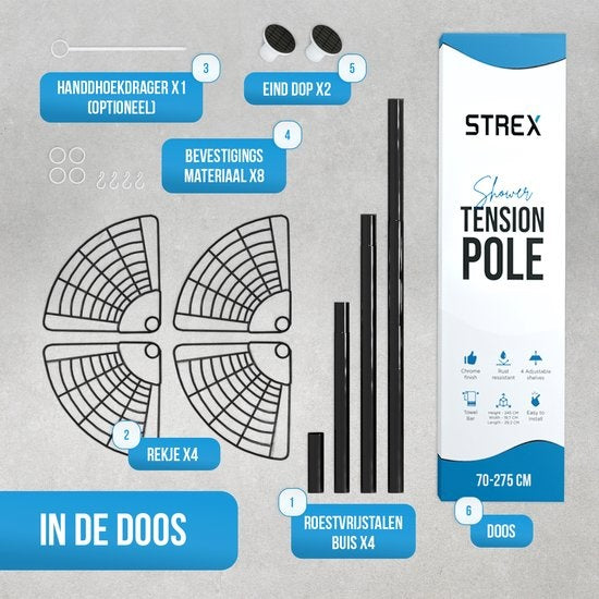 Strex Telescopische doucheplank hoek - 4 korven - RVS - Verstelbaar 70-275 cm - Zwart - Max.20 kg -