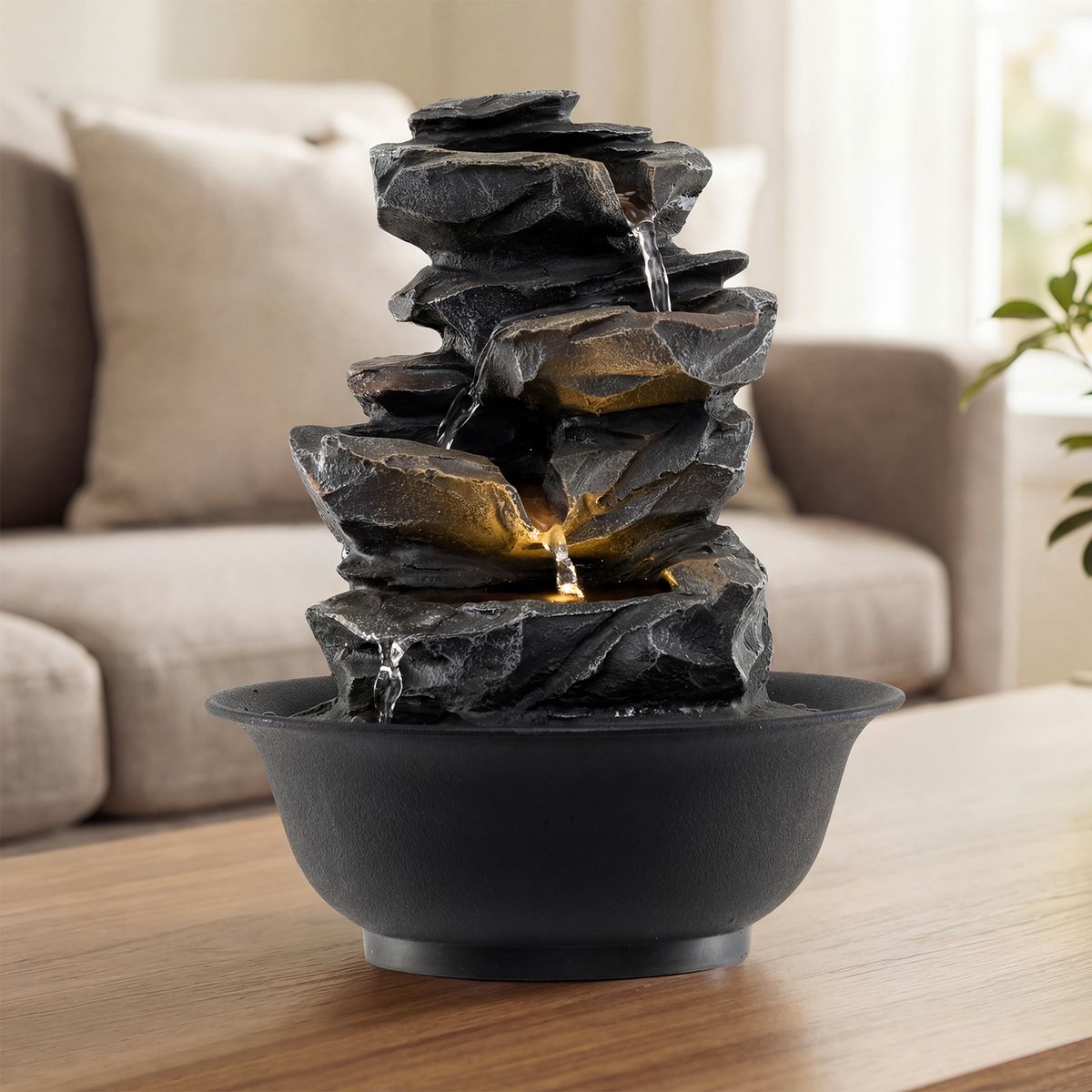 Coast Tafelwaterfontein - waterval met rotslook - LED-verlichting - zwart - 21,5 x 26 cm