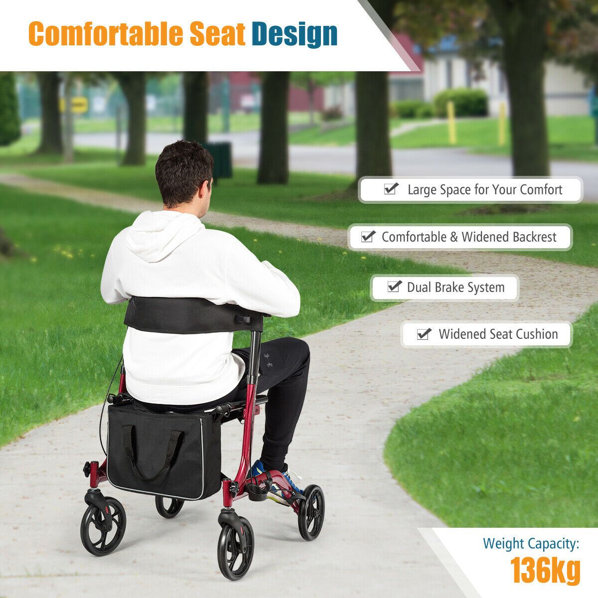 Coast Opvouwbare Aluminium Rollator Walker met 4 Wielen, Rood – 54 x 74 x 82-95 cm