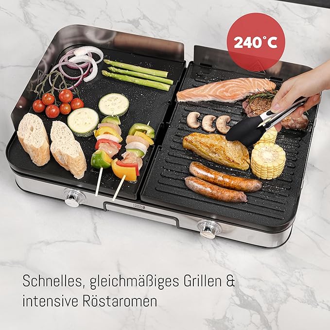 LEBENLANG Elektrische Tafelgrill - 2400W - Inclusief Grilltang en Spatbescherming - 30 x 23,7 x 15 cm - RVS
