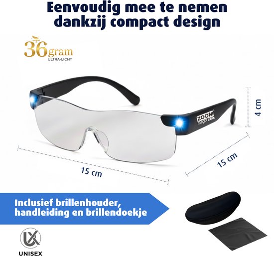 Vergrootglas Bril - Loepbril met LED Verlichting - Hobby Vergrootbril - 160% Vergroting - Krasbestendige Glazen - Inc. Opberghoes & Brillendoekje