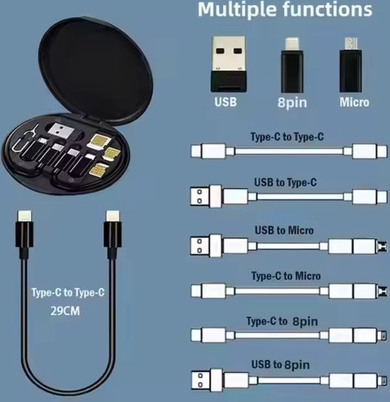 Mini Multifunctionele 5-in-1 USB Kabelset met Telefoonhouder en SIM-kaart Ejector Tool - 60W Snellader - USB-C Kabel & USB-C Adapter - USB naar USB-C - USB naar iPhone - USB-C naar USB-C - USB-C naar iPhone - USB-C naar Micro - Compacte Opslagbox.
