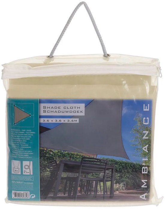 Schaduwdoek UV50+ driehoek taupe 3.6x3.6x3.6m tuin zonwering