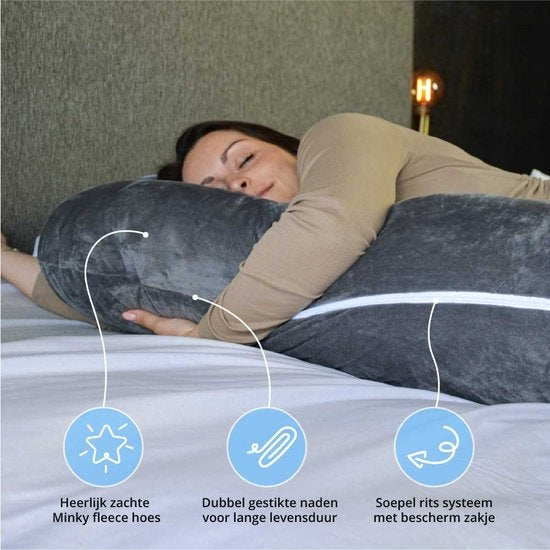 EL-Life Zwangerschapskussen XXL J-vorm - Zijslaapkussen - Lichaamskussen - Voedingskussen - Body Pillow - 155cm - Afneembare Minky Fleece Hoes - Grijs