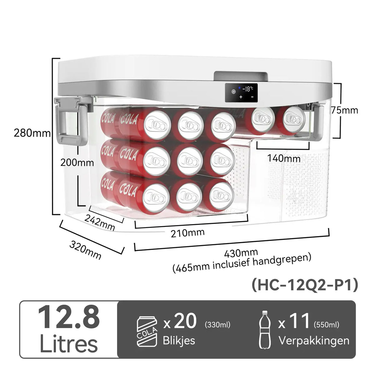 Bingi Draagbare Compressor-Autokoelkast 12,8L - Multivoltage 12V/24V/230V - 46,5 x 32 x 28 cm