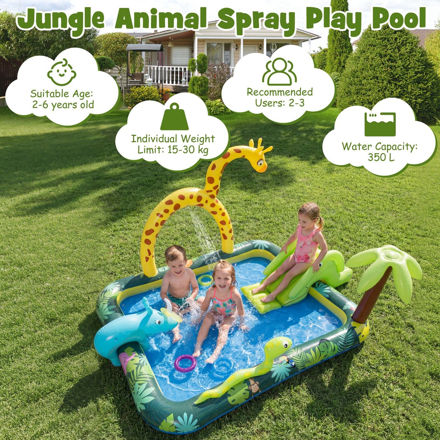 Coast Dieren in de Jungle Opblaasbaar Zwembad met Glijbaan en Sprinkler - Ringwerpspel Waterspeelcentrum voor Kinderen - 208x178x138 cm - Multikleur