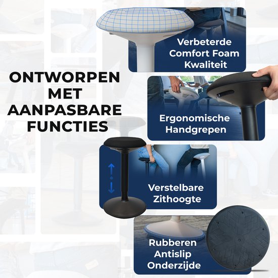 Backerz Wiebelkruk - Ergonomische Wiebel Stoel hoogte 55-80cm - Balanskruk - Zit Sta kruk - Zadelkruk Blauw