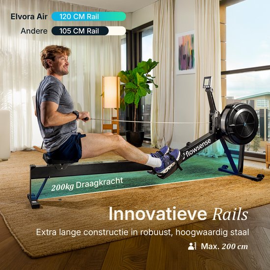 Flowsense Roeitrainer op Luchtweerstand – Professionele Roeimachine – 10 Weerstandsniveaus – Inklapbaar – Full Body Workout – Bluetooth App & LCD Monitor – Max. 200 kg – Roeitrainers - Voor Thuis & Sportschool