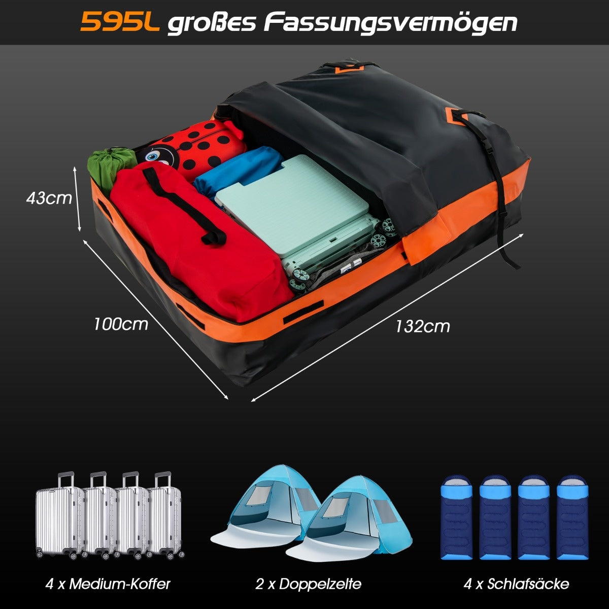 Coast dakkoffer - waterdicht - 560L - voor alle voertuigen - 4,5kg - 132 x 100 x 43cm - zwart en oranje