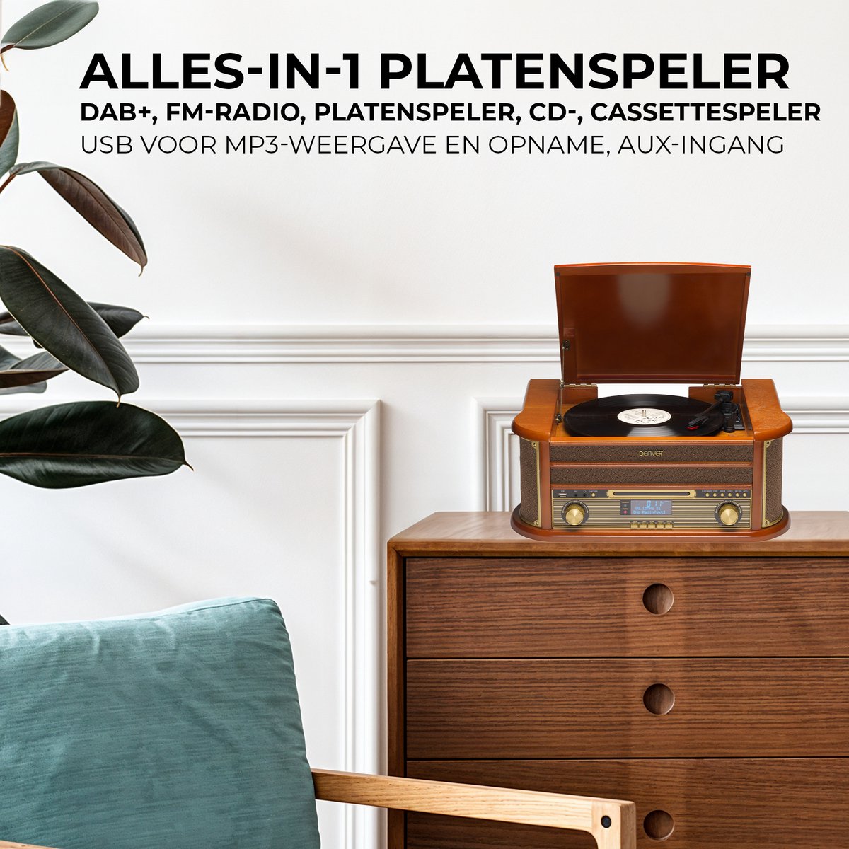 Denver Retro Platenspeler MRD51 - Hout - 24x22x12 cm - Ingebouwde Speakers & Versterker - DAB Radio - CD & Cassette