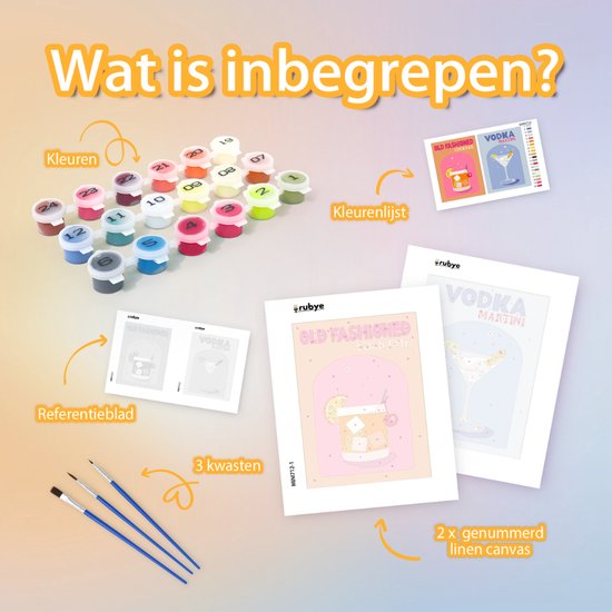 Rubye® Schilderen Op Nummer Volwassenen – Vodka Martini - Cocktails – Inclusief Verf en Penselen – Canvas Schildersdoek - Kleuren op Nummer - Dubbele Set - 15x20cm