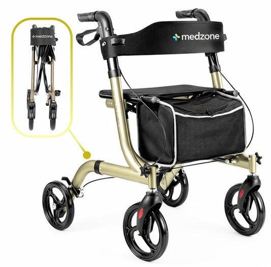 Medzone Rollator Lichtgewicht en Opvouwbaar - Zitfunctie - Binnen en Buiten - Rugleuning en Wandelstok Houder - Champagne - Goud