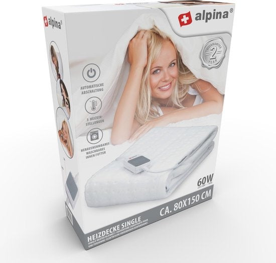 alpina Elektrische Deken - Warmtedeken 1 Persoons - Onderdeken - 3 Standen - Wasbaar - 80 x 150cm - Wit