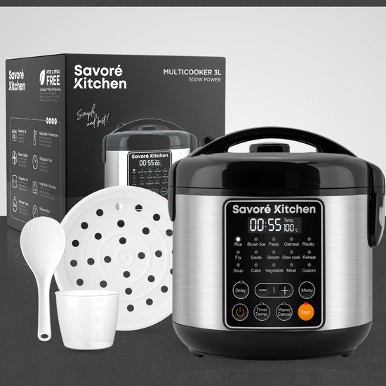 Savoré Kitchen Rijstkoker met Stomer – 3L – 14 Programma’s – Multicooker – Rice Cooker – Slowcooker – PFAS Vrij – Zwart RVS