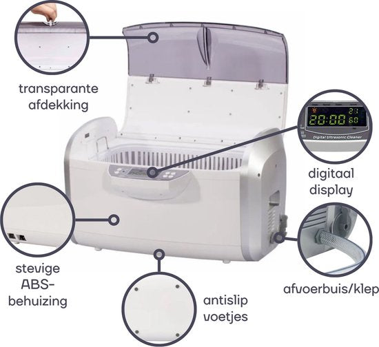 Perel Ultrasone Reiniger 6 L - Ontgasfunctie - Afvoerventiel - Instelbare timer en temperatuur - Uitneembare mand en horlogehouder - Professioneel gebruik - 310 W, 35 kHz - Wit