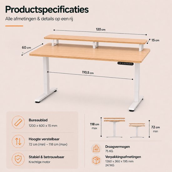 Organess Zit-sta Bureau - Elektrisch verstelbaar - 120 x 60 cm met Ophoging - Geheugenfunctie - Anti-botsing - Verstelbare Hoogte