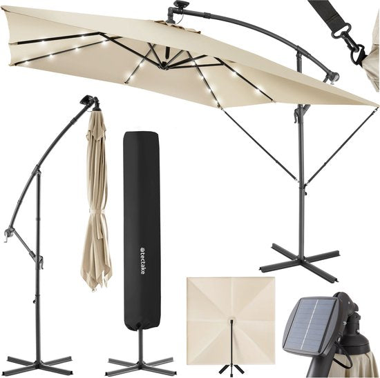 tectake® - Parasol 250cm met Solar Led Verlichting - Parasols - Zweefparasol - Zonneenergie - Incl. zonnepaneel - Tuinverlichting - beige