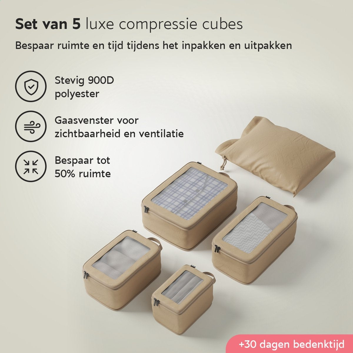 ONYX Compressie Packing Cubes - 5 stuks - Koffer Organizer Set - Compressie rits - Voor koffers en tassen - Bagage & Backpack Compression - Beige