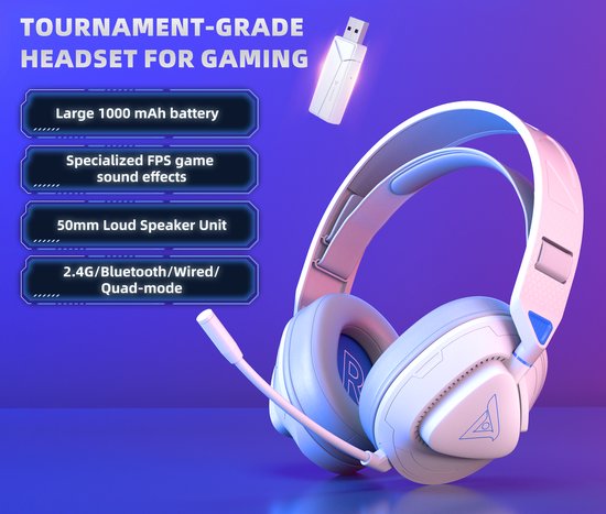 TAIDU THS318 2.4GHz Draadloze Gaming Headset - Over ear koptelefoon - met microfoon - Geschikt voor PC/PS4/PS5, Nintendo Switch - Wit