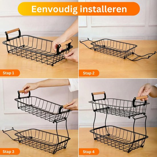 Posity Fruitschaal 2 Laags - Fruitmand - Fruit Etagere - Groentemand - Draadmand - Fruitrek - Hout & Metaal - Zwart