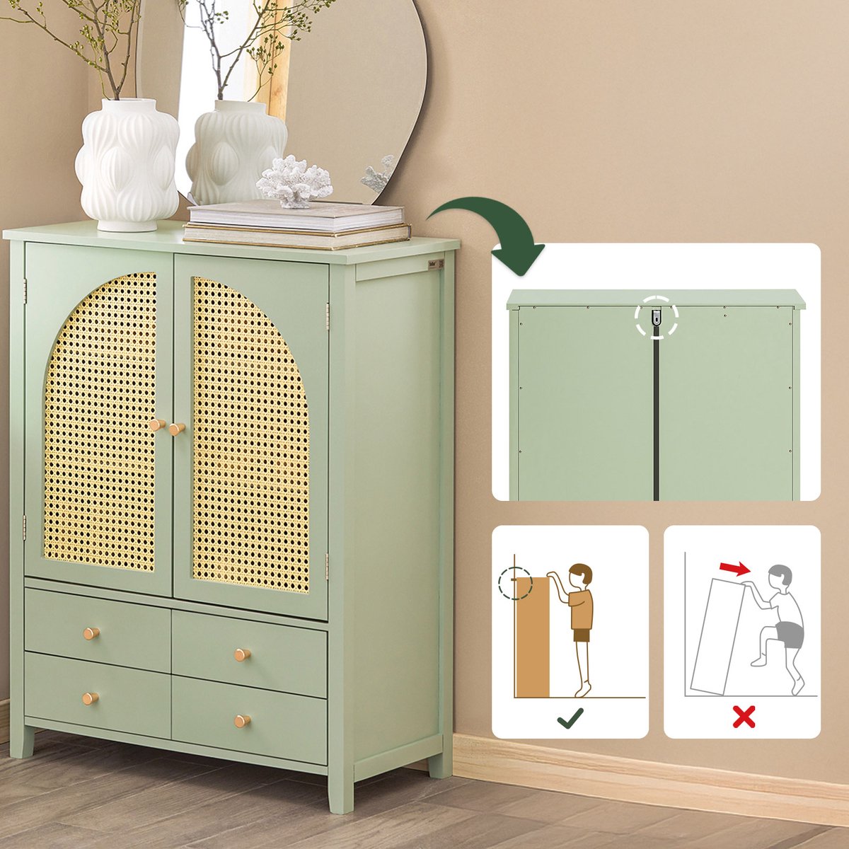 SoBuy Schoenenkast – 4 Lades & 2 Deuren met Rattan – 70x34x90 cm – Groen