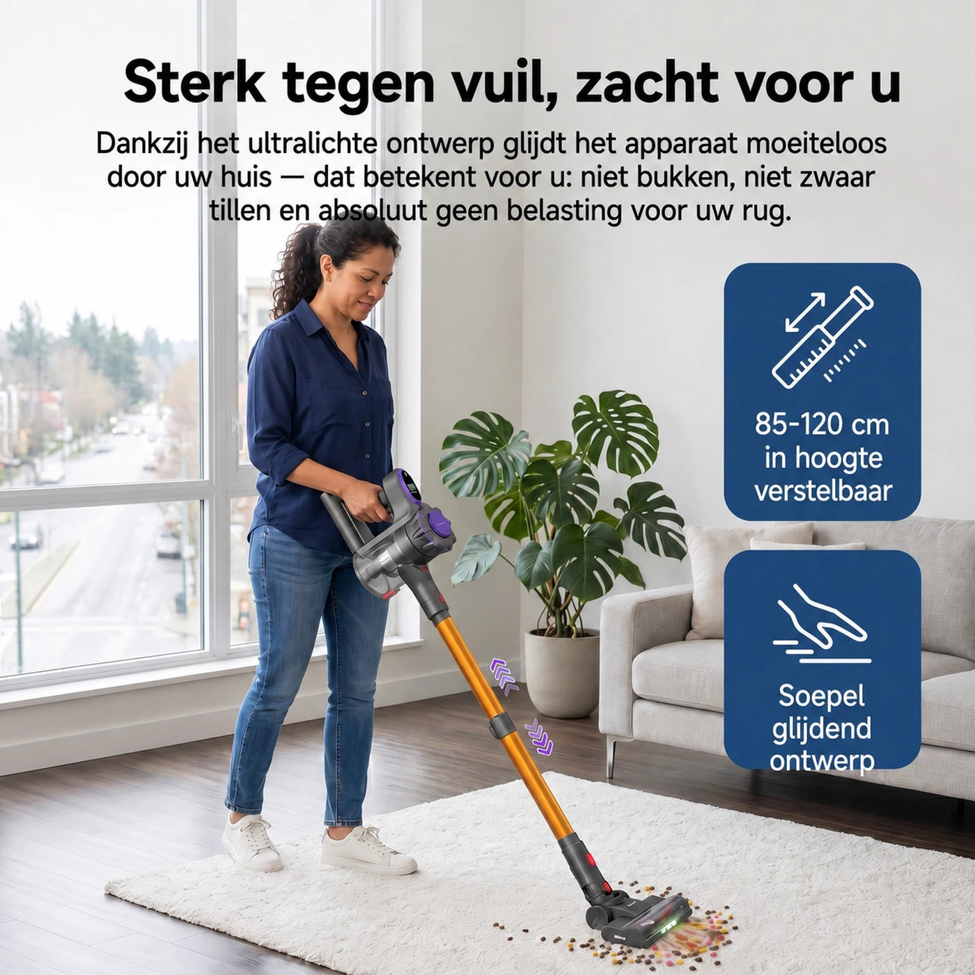 Monsga ME03 Draadloze Steelstofzuiger - 550 W - 55 kPa - 55 Min Looptijd - 1,2 kg - Anti-Klit Borstel - Afneembare Accu - Groen Detectielicht