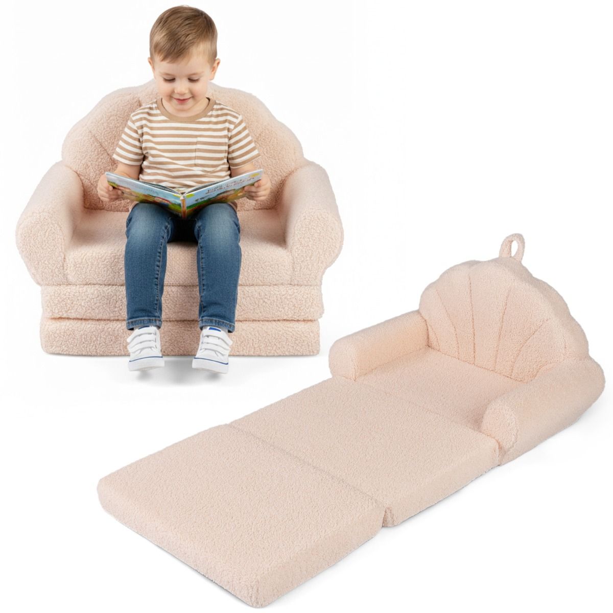 Coast Opklapbare Kinderbank - 2-in-1 Fauteuil en Ligbed - Teddyfluweel - Beige/Roze