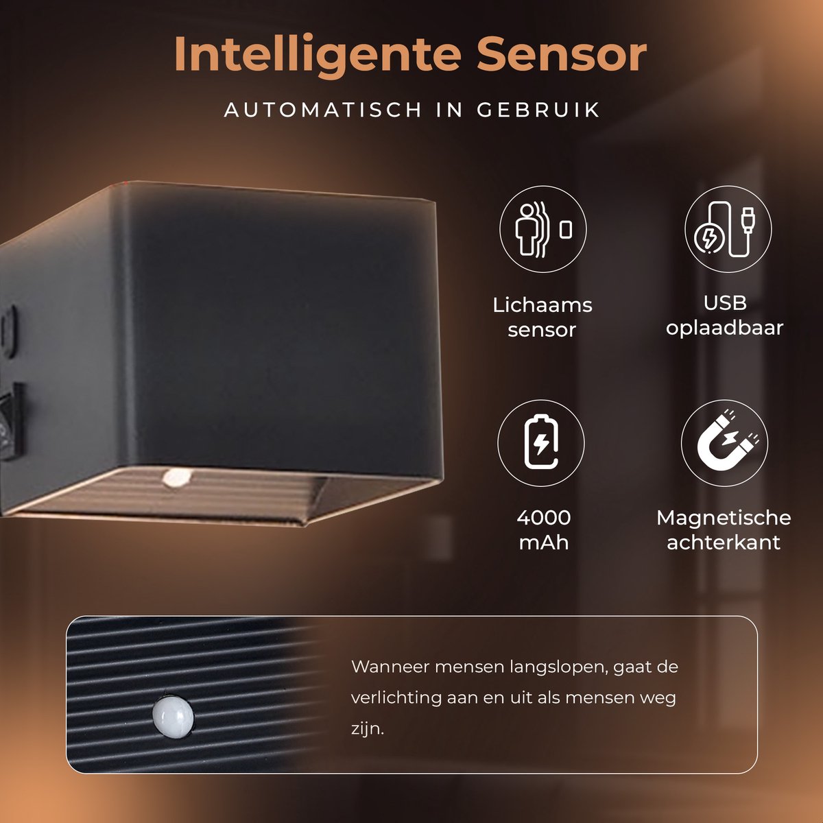 Techvavo® Oplaadbare Wandlamp Zwart - 1 Stuks - 19x4x1,8 cm - Smart Bewegingssensor - Voor Binnengebruik - USB Oplaadbaar - Draadloos - Woonkamer, Badkamer, Slaapkamer