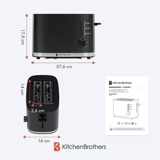 KitchenBrothers Broodrooster - Broodrooster - 6 Warmteniveaus - 2 Extra Brede Sleuven - 870W - Zwart
