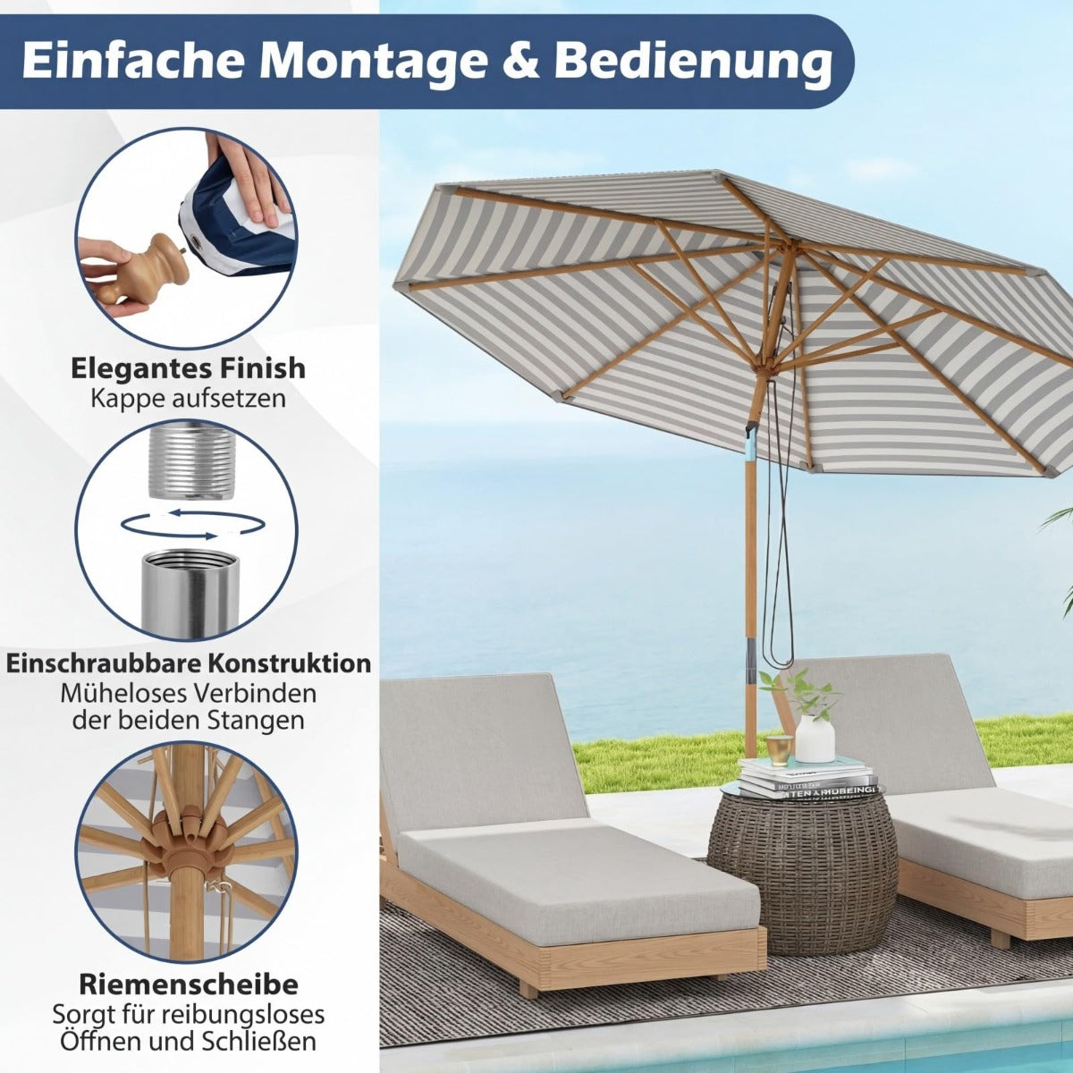 Coast houten parasol 270 cm - blauw/wit gestreept