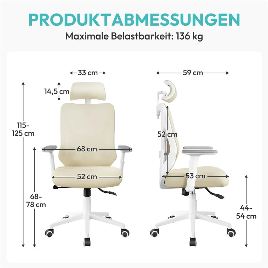 Yaheetech Ergonomische Bureaustoel met Verstelbare Hoofdsteun en Lendensteun - Beige - 70 x 59 x 115-125 cm