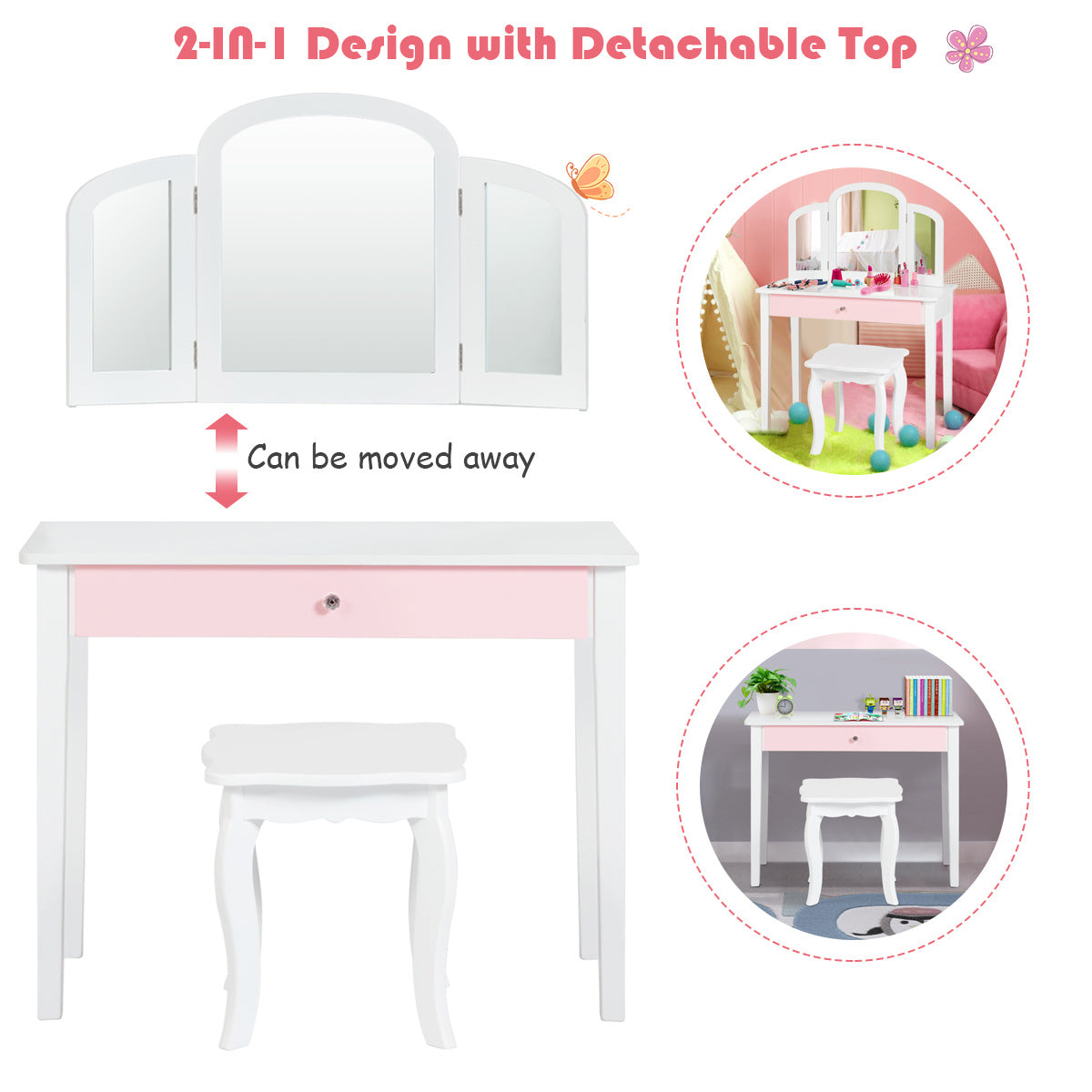 Coast Opmaaktafel - Kaptafel/Make up Tafel Met Spiegel en Krukje - 70 x 34 x 95,5 cm - Wit