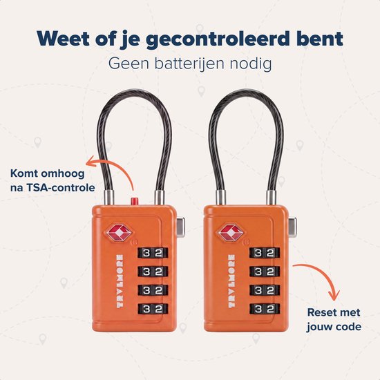 TRVLMORE Kofferslot met Kabel - TSA Gecertificeerd - Alarmfunctie - 4-Cijferig - 2 Stuks - Oranje