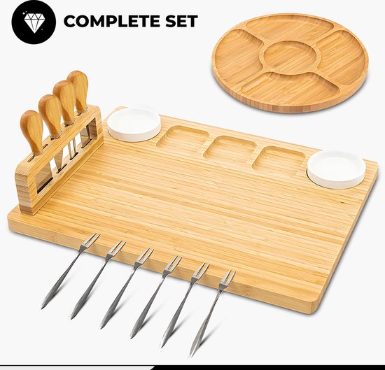 Kicinn Borrelplank - Tapasplank - Kaasplank - Serveerplank - Borrelplank Hout - Incl. Kaasmesjes, Vorkjes, schaaltjes en extra Serveerplank – Bamboe