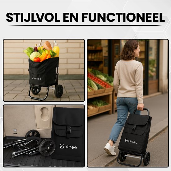 Outbee Boodschappentrolley - Opvouwbaar - Polyester - Met EVA wielen - Aluminium frame - Draagvermogen 45 kg - Zwart