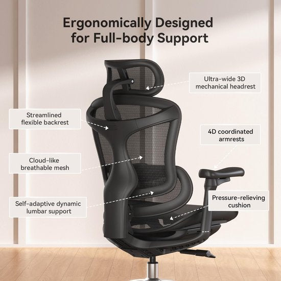 SIHOO Doro C300 Ergonomische Bureaustoel - 3D Armleuningen - Zelfaanpassende Lendensteun - Slim Gewichtsmechanisme - Mesh Rugleuning - 3 Kantelstanden - TUV/SGS Gecertificeerd - Tot 150kg - 70x69x128cm——Zwart