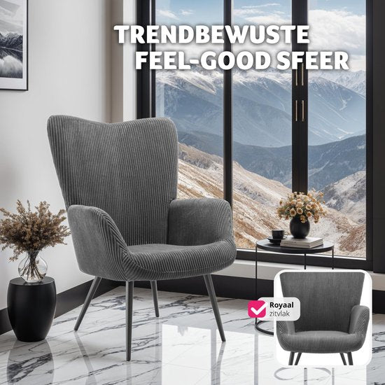 tectake® Oorfauteuil in Scandinavische stijl - Corduroy Hygge - Stoel voor woonkamer, slaapkamer - Loungefauteuil - Zwart metalen poten - Draagvermogen tot 150 kg - Grijs