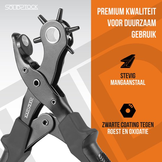 SolidStock Professionele Gaatjestang voor riem - Inclusief Meetlat - Ponstang - Revolvertang - Zwart