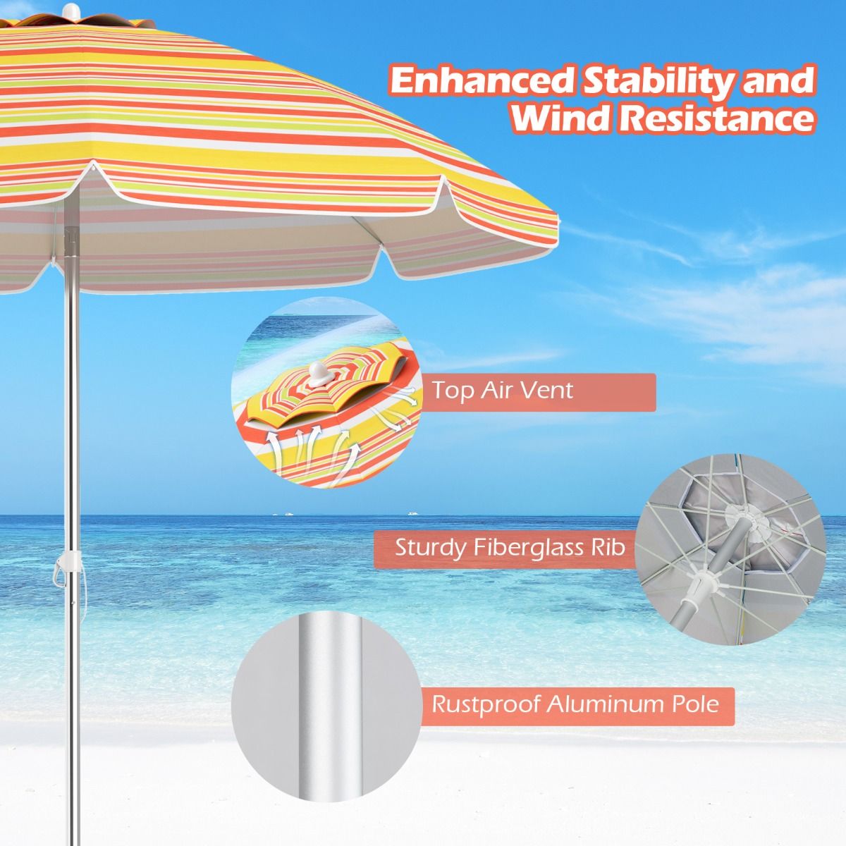 Coast Strandparasol Ø198 x 206 cm – Rood/Geel – Draagbaar zonnescherm met zandanker & draagtas