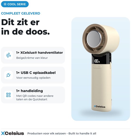 XCelsius® Handventilator - Draagbare Mini Ventilator Opvouwbaar - Oplaadbaar met USB-C - 0% tot 100% traploos instelbaar - Met Instant Koelplaat - Beige/Crème