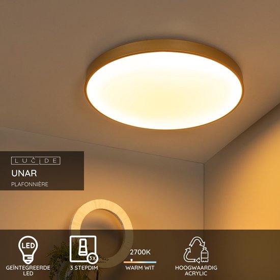 Lucide UNAR - Plafonnière (Plafondlamp) - Ø 60 cm - LED 3 StepDim - 1x60W 2700K - Mat Goud / Messing
