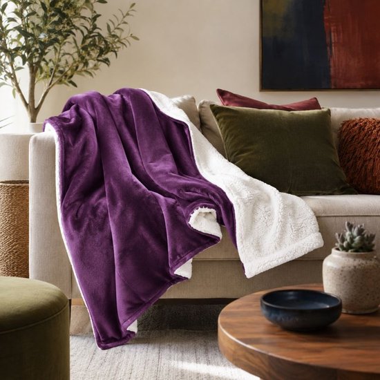 Ceruzo Sherpa Fleece Deken 150x200 cm - Pruim Paars - Zachte Plaid - Wasbaar 30°C