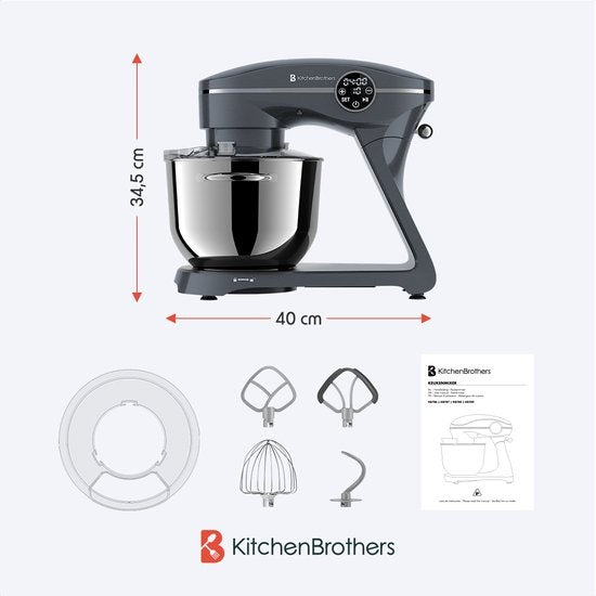 KitchenBrothers Keukenmachine - Touch Display en Timer - Keukenrobot - 6L - 1800W - Aluminium - Antraciet