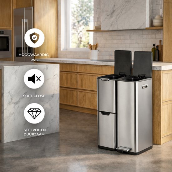 Bayt Prullenbak - Prullenbak 60 Liter - Vuilnisbak 60 Liter - Pedaalemmer 60 Liter - Prullenbak Afvalscheiding - Prullenbak 3 Vakken - Afvalbak - RVS - Zilver