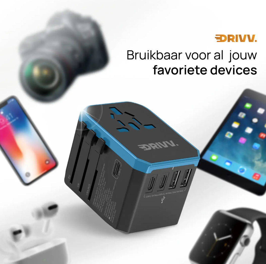 Drivv Universele Wereldstekker USB C - 6 Poorten - 2300W - Geschikt voor 150+ Landen