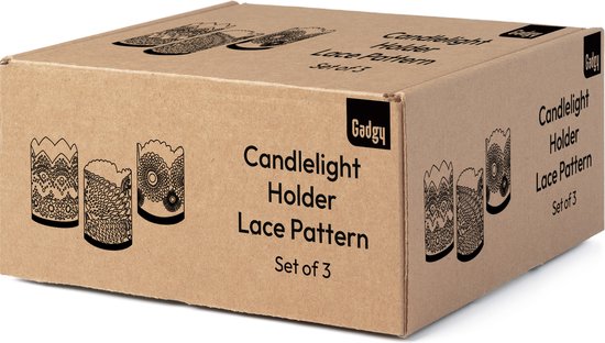 Gadgy Waxinelichthouder Rond - Theelichthouders Set van 3- Decoratie Woonkamer - Sfeerverlichting Binnen - Kaarsenhouders voor Waxinelichten 8.5x10.5 cm - Windlicht Metaal - Zwart/Goud - Cadeau voor Vrouw - Kantpatroon