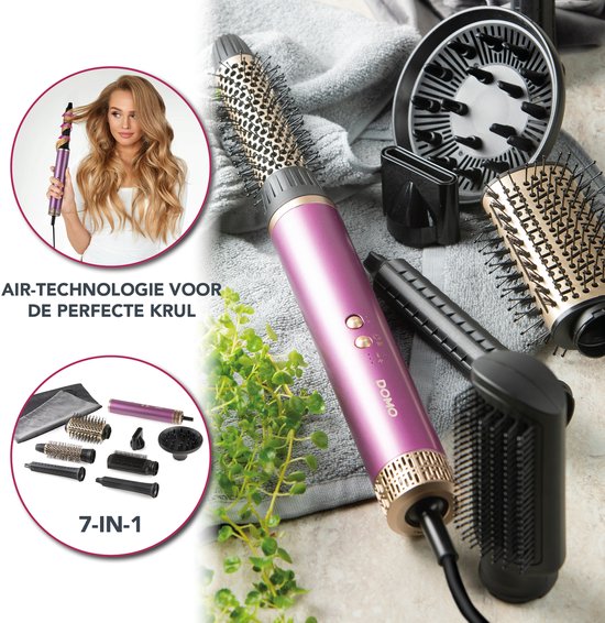 DOMO DO54782HS 7-in-1 Airstyler - Fohnborstel - Multistyler - Krulborstel - Stijlborstel - Fohn met 7 Opzetstukken - Paars/Goud
