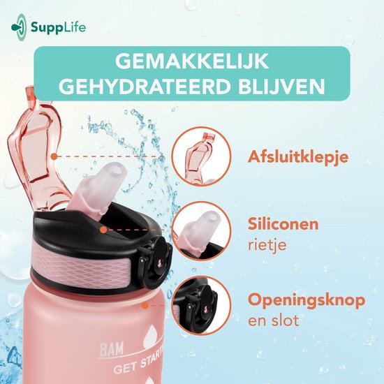 Supplife Bidon - 1 Liter - met Rietje - Motivatie - Sportbidon - BPA Vrij - Rose Goud