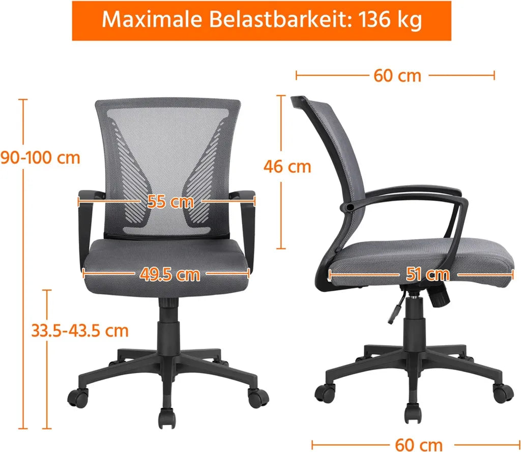 Yaheetech Bureaustoel Mesh, Donkergrijs