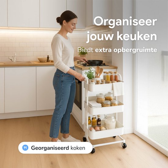 Keuken trolley op Wieltjes - 3 laags - Keukenrek - Serveerwagen - Kastje - Karretje - Opberg - Douche kastjes staand - Rekje - Wit - Luft